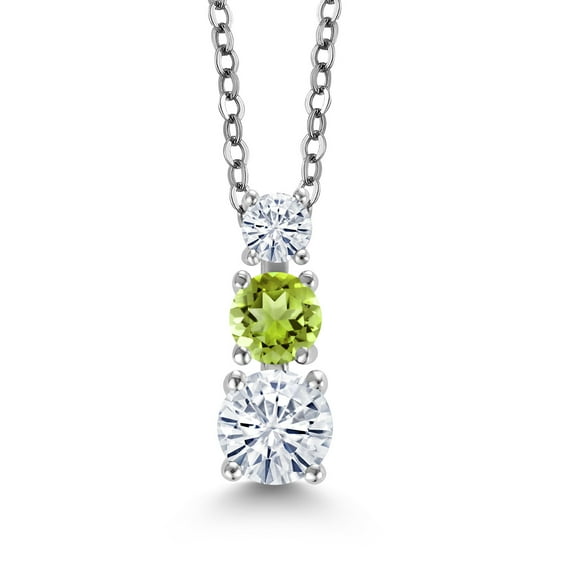 Gem Stone King 0.90 Cttw 3-Stone Pendant Necklace for Women | White Moissanite and Green Peridot | Gemstone Birthstone | Round 5MM, 4MM and 3MM | With 18 inch Chain