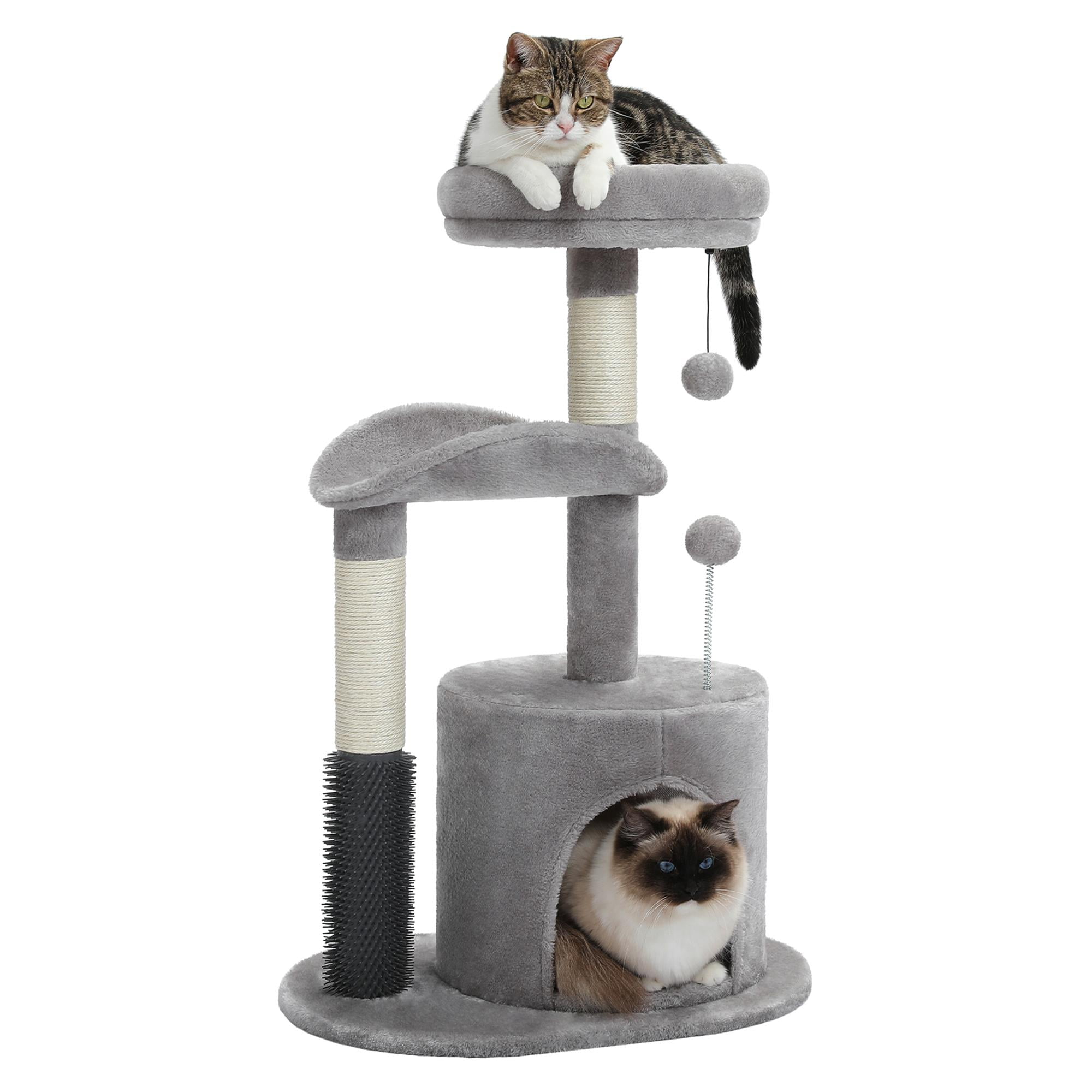 Pefilos 32" Cat Tree Indoor with Self Groomer Brush, Sisal Scratching Post, Dangling Ball, Wood Cat Condo Tower for Small, Medium Cats, Gray Pefilos 32" Cat Tree Indoor with Self Groomer Brush, Sisal Scratching Post, Dangling Ball, Wood Cat Condo Tower for Small, Medium Cats, Gray