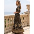 thumbnail image 5 of Women's Boho Ethnic Print Maxi Dress Crew Neck Flared Sleeve Golden Belted Vacation Beach Swing Dress, 5 of 8
