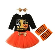 Halloween Newborn Baby Girls Cute Pumpkin Romper Jumpsuit Top+ Bowknot Party Tutu Skirt Stripe Leg Warmer Headband Outfits Set