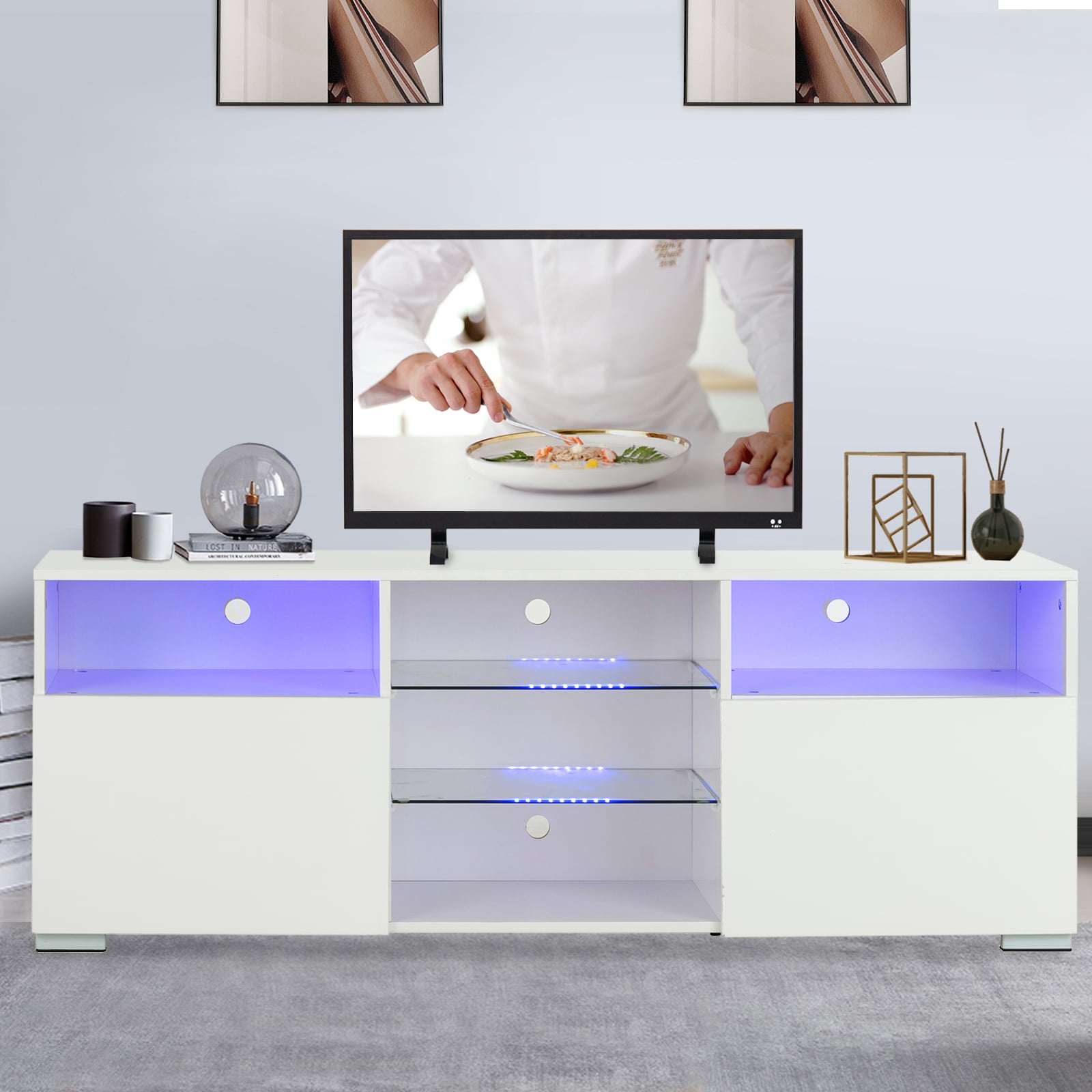 Details about   58" High Gloss TV Stand Unit Cabinet with LED Light 2 Doors Console RC White 