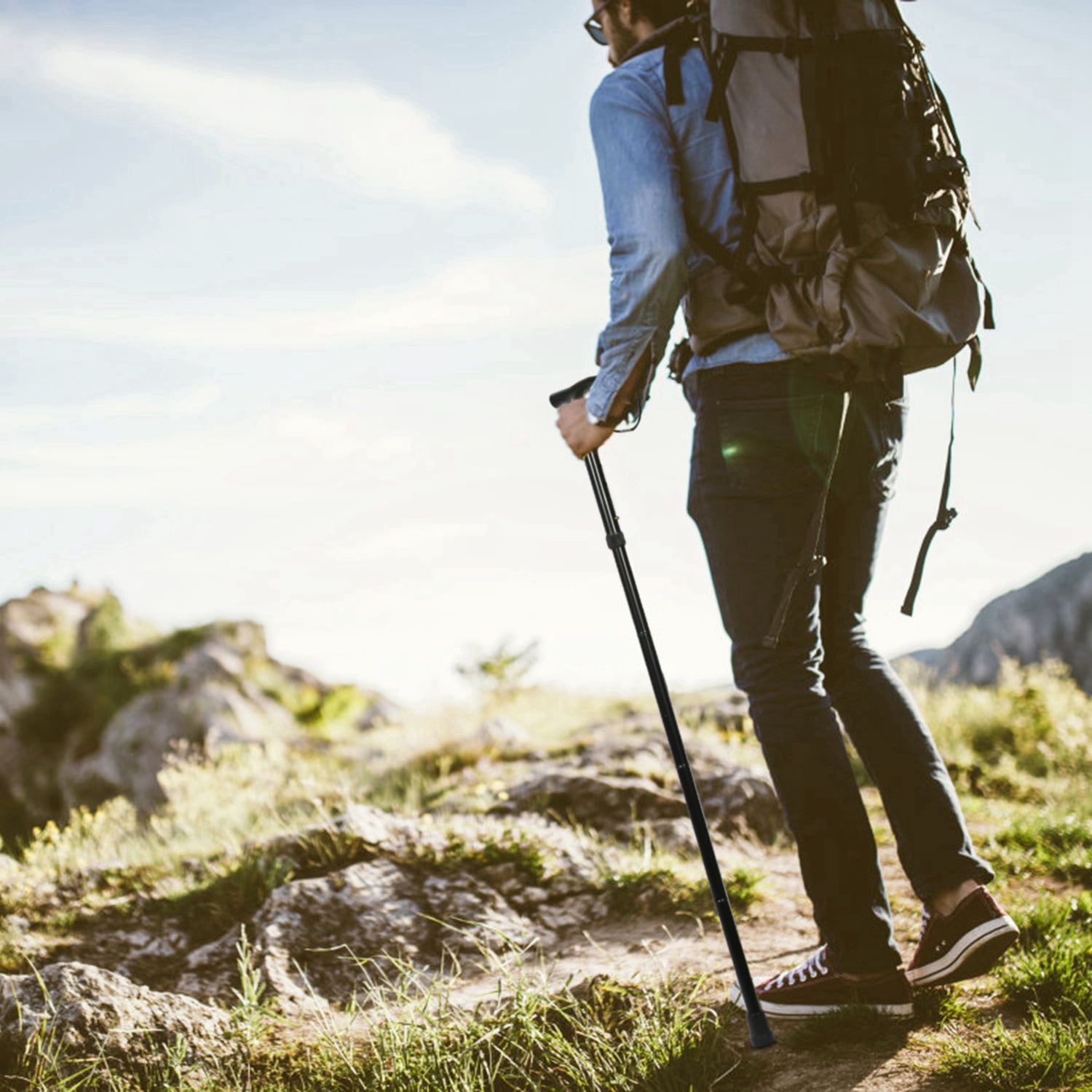 Folding Trekking Hiking Pole, Collapsible Cane Adjustable Travel Walking Stick Portable Mobility Aid for Women Men Hikers Gift, Black
