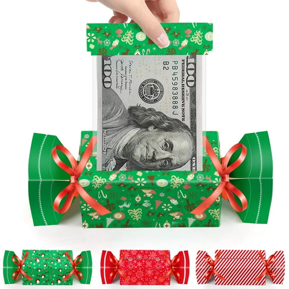 4-Piece Candy-Shaped Christmas Gift Wrap Boxes with 40 Clear Envelopes for Cash Gifts Perfect for Surprise Cash Gifts During the Holiday Season
