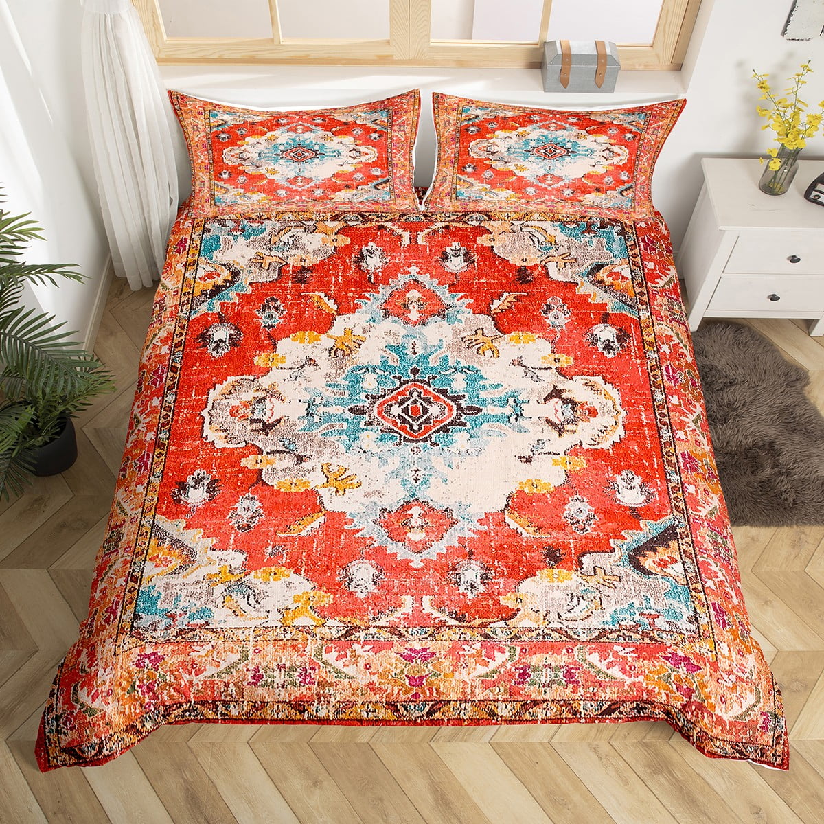 Boho Persian Bedding Set Twin, Bohemian Flowers Duvet Cover, Red Yellow