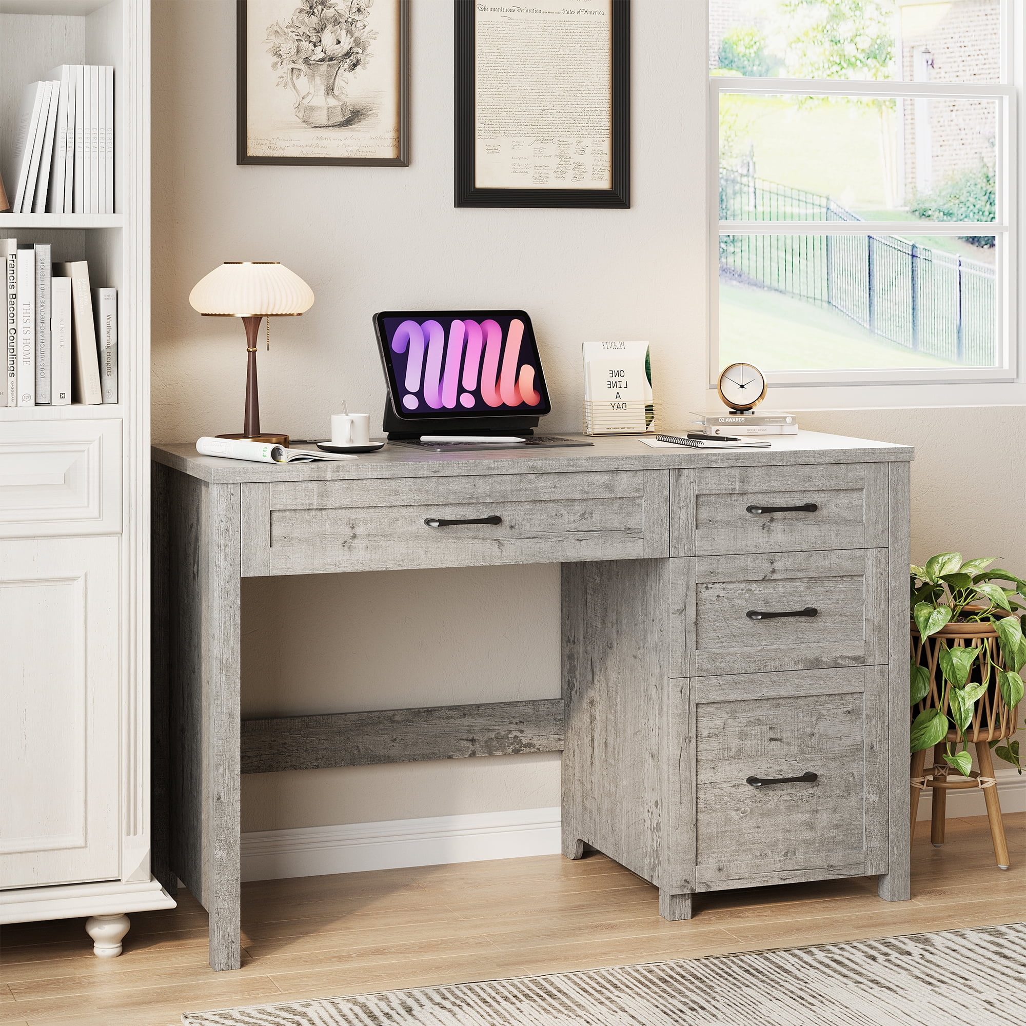 Conate 47" Executive Desk with File Cabinet and Drawers, Home Office Desk with Charging Station and Large Drawer, Workstation Table for Study