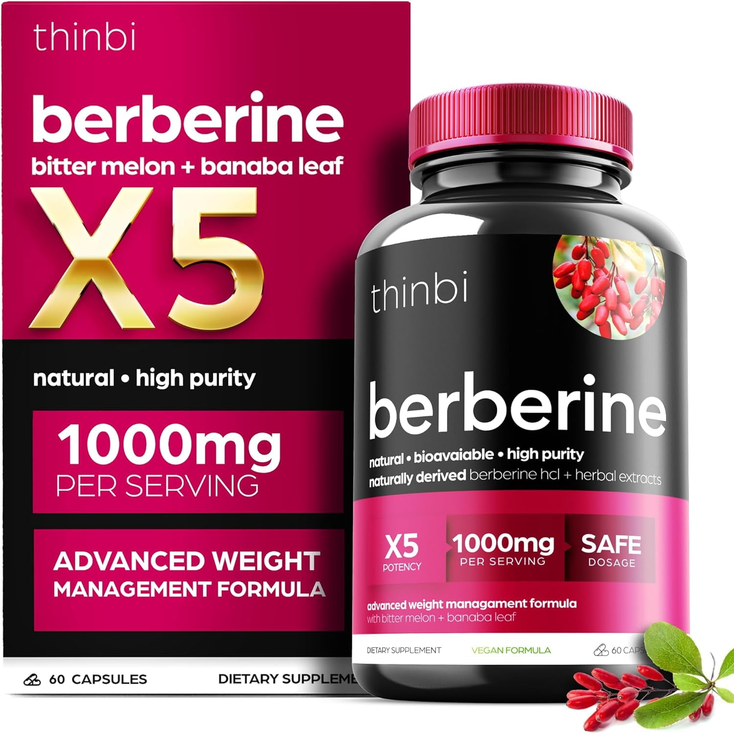 Thinbi Berberine Supplement 1000mg Weight Management, 60 Capsules