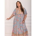 thumbnail image 5 of Dusty Blue Bohemian Plus Size Floral V-Neck Loose Maxi Dress For Summer Beach Holiday Party, 5 of 8