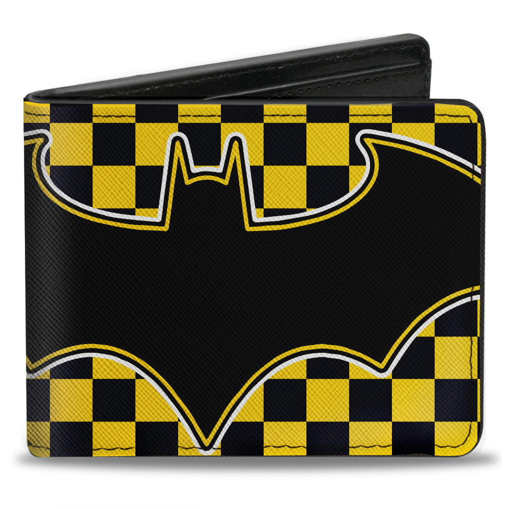 DC Comics Wallet, Bifold, Batman Bat Logo Close Up Checker Yellow Black,  Vegan Leather 