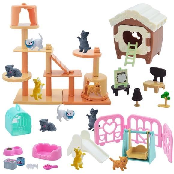 Iselyn Pet Pretend Play Toys 48 Piezas Figuras De Gatos Juguetes para Niños Centro De Cuidado De Gatos Detallado Realista con Accesorios Juegos De Juguetes Regalos Educativos para Niños Pequeños Niñas