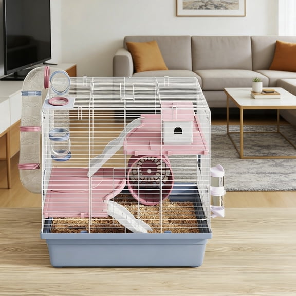 Hamster Gerbil Enclosure 3 Level Play Cage with Tunnels Wheel Water Bottle 10mm Wire Spacing Easy Clean Blue Pet Cage