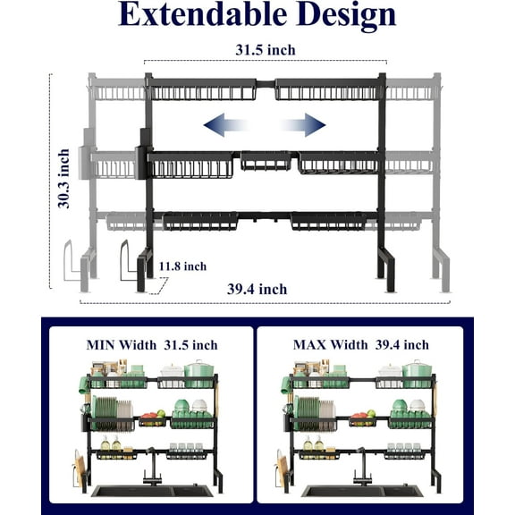Over The Sink Dish Drying Rack - Adjustable 31.5" to 39.4" with Baskets and Hooks for Kitchen Organization