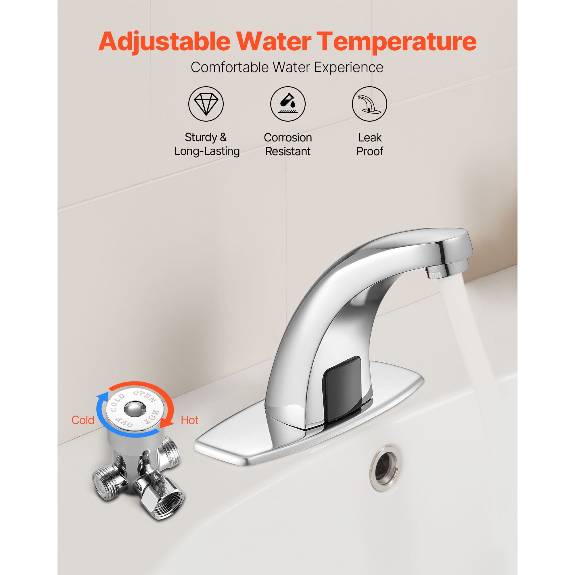 KFFKFF Touchless Bathroom Sink Faucet with Motion Sensor, Automatic Restroom Faucet with Cover Plate, Battery Powered, Hot and Cold Water for 9/16 in Pipe, Chrome Finish