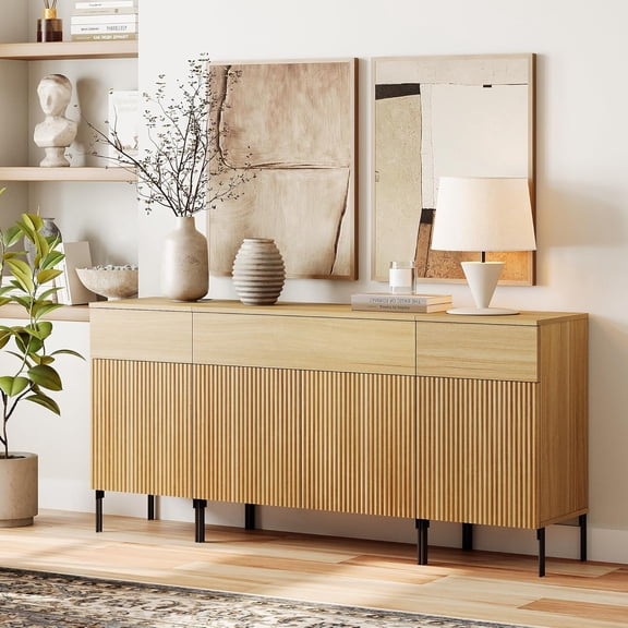 WAMPAT 63" Buffet Sideboard Cabinet with Storage, 2-in-1 Wooden Credenza with Charging Station, 3 Drawers & 4 Doors, Modern Media Console Coffee Bar Cabinet for Kitchen & Living Room