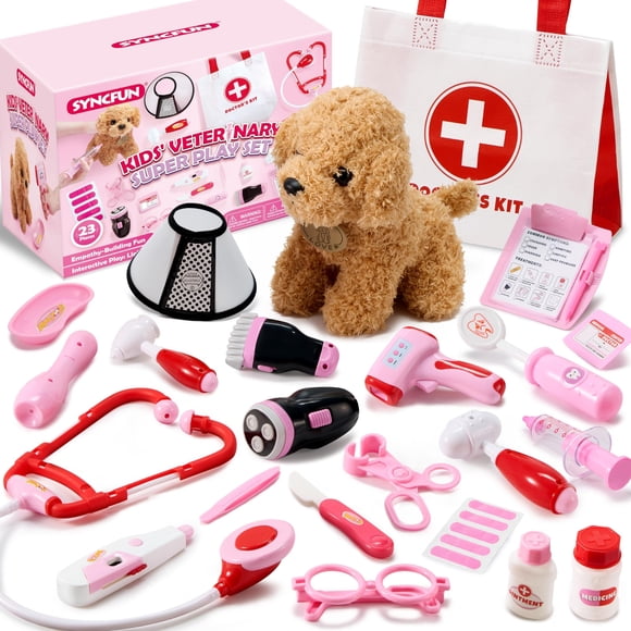 SYNCFUN Trousse de Docteur pour Filles, Ensemble de Jeu Vétérinaire 22 Pcs pour Enfants, Trousse de Vétérinaire avec Jouet pour Chien, Stéthoscope, Sac de Rangement et Accessoires, Jeu d'Imitation