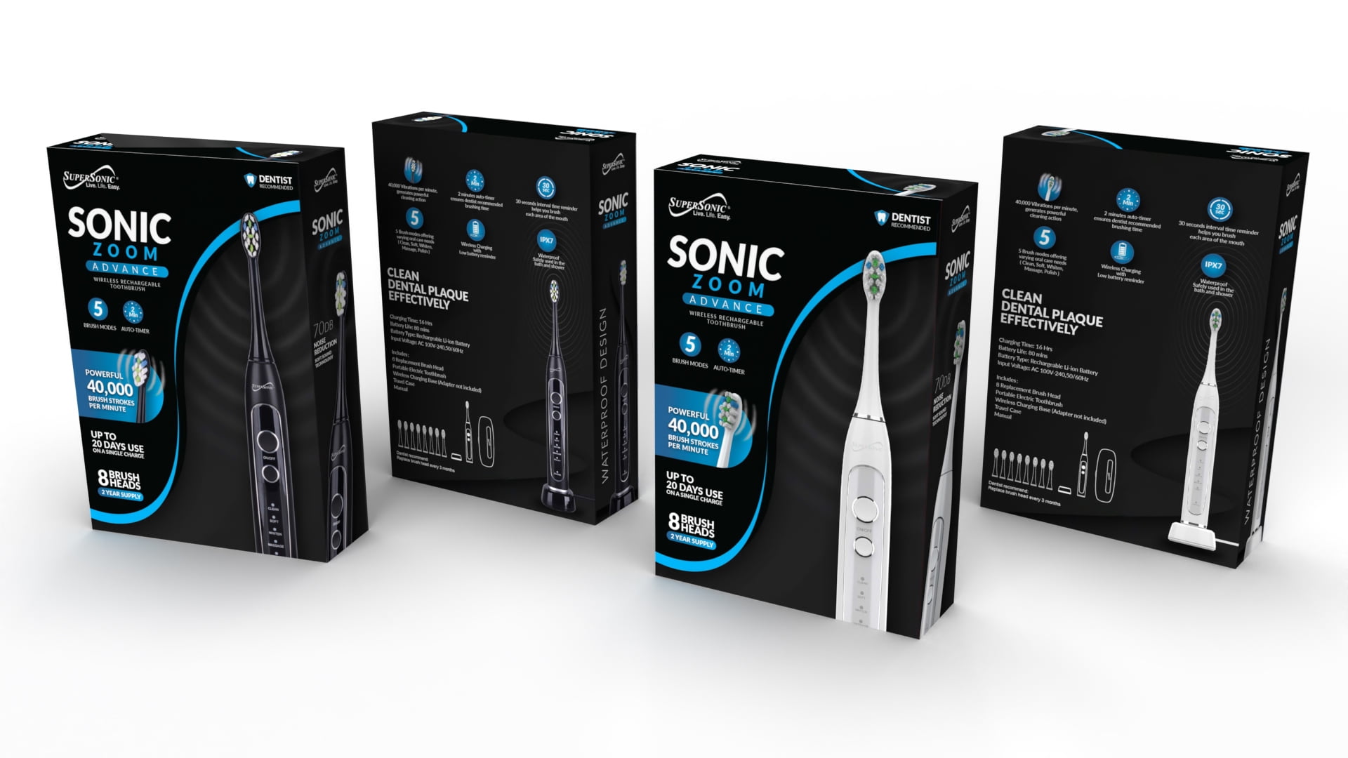 Supersonic TB-5100 Sonic Zoom Advanced Whitening Electric Toothbrush, 40,000 VPM, 5 Mode,| Wireless Charging, 8 Brush Heads,Travel Case, White