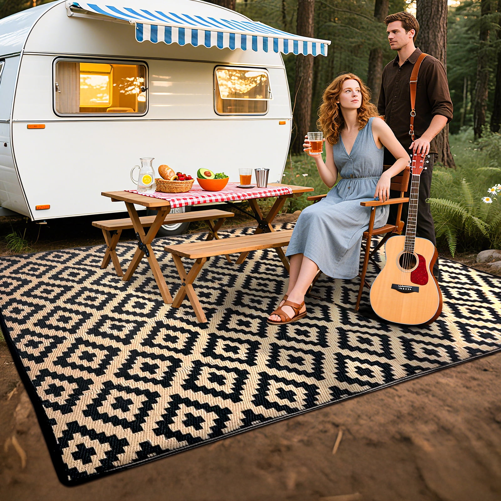 ZRSDIXK 5'×8' Outdoor Rug Waterproof Patio Carpet Outdoor Area Rug Large Plastic Straw Mat for RV Camping Porch Deck Balcony, Black and Brown