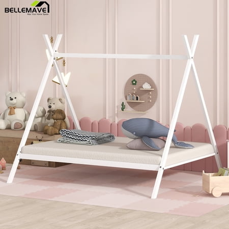 Bellemave Full Size House Bed Montessori Bed, Metal Tent Bed Floor Play House Bed with Slat, Platform Bed Frame for Kids Teens Girls & Boys, No Box Spring Needed (White)