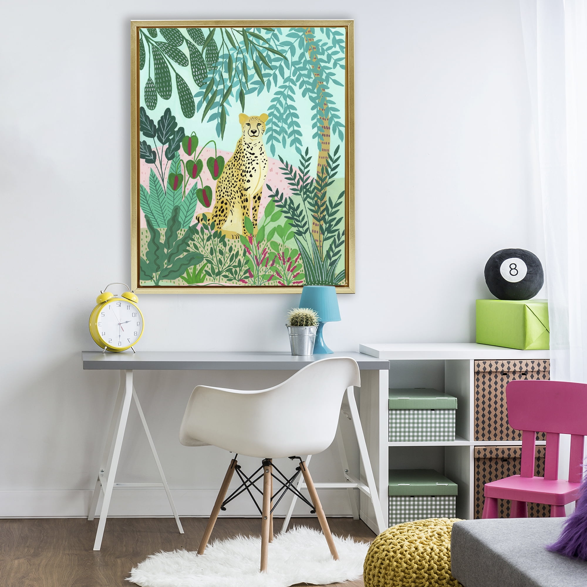Stoic Leopard Tropical Forest Gold Framed Floater Canvas Wall Art, design by Nabeela Rumi