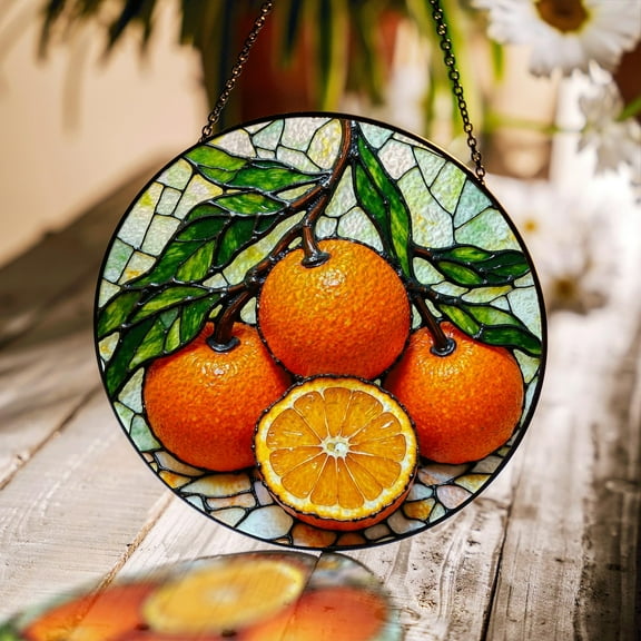Stained Glass Orange Suncatcher with Green Leaves for Home Decoration and Unique Gift
