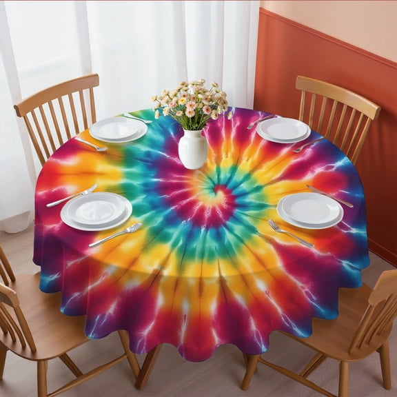 Red and Yellow Tie Dye Pattern Round Tablecloth 70"x70", Wrinkle Resistant Wipeable Table Cover for Kitchen Dining Room Picnic Patio and Party