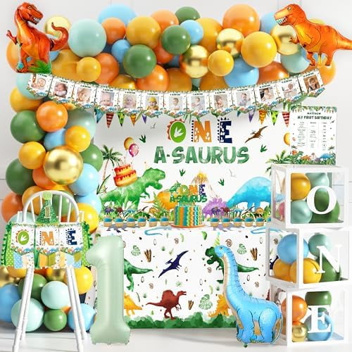One a Saurus Birthday Decorations 105Pcs: Dinosaur 1st Birthday Party Supplies for Boy, Dinosaur Balloon Garland, Backdrop, Monthly Highchair Banner, Tablecloth, Cake Topper Hat Poster – Home Decor