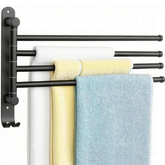 Matte Black Swivel Towel Rack for Bathroom Wall Mounted, Space Saving Wall Mounted Towel Holder, SUS 304 Stainless Steel Swivel Door Towel Bar with Multi 4 Rotating Arms