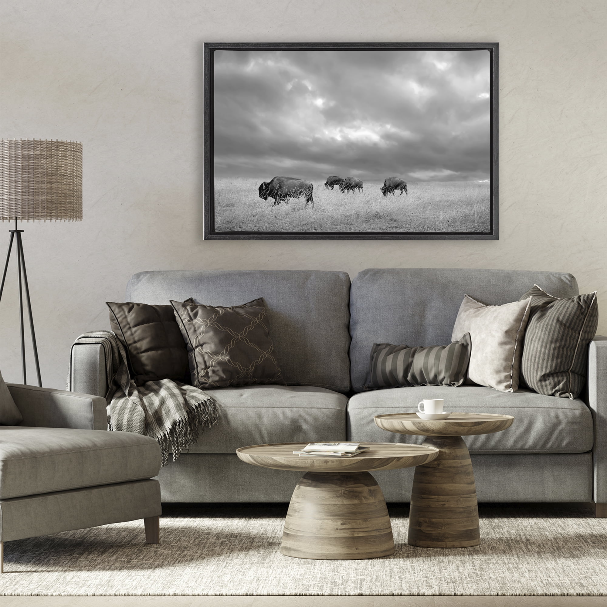 Stupell Industries Bisons Under an Autumn Sky Black Framed Floater Canvas Wall Art, design by Steve Toole