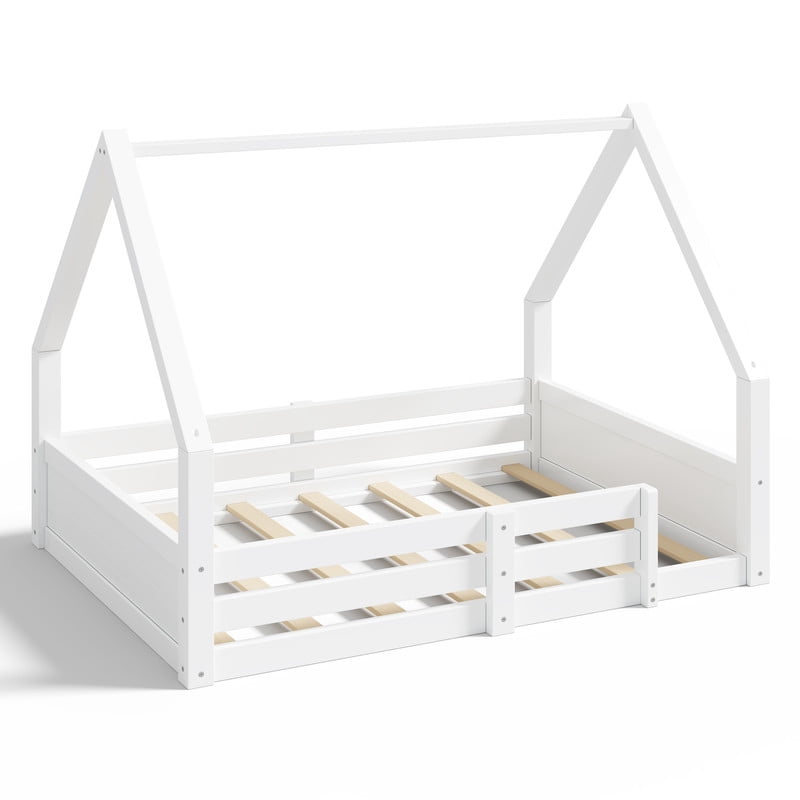 Full Size Kids House Floor Bed, Wooden Platform Bed Frame with Open Roof Frame, Child Bed with Fence Guardrails