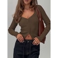thumbnail image 3 of Women'S Long Sleeve Cardigan Open Front Knit Cropped Sweaters Fall V Neck Button Down Jacket Tops Coffee XL, 3 of 8