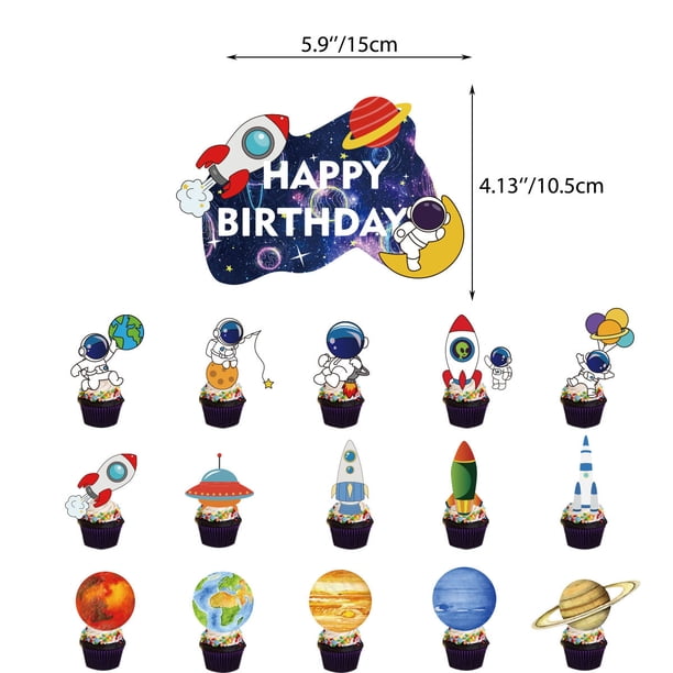 Decoración para fiesta de cumpleaños infantil con temática de astronauta, juego de tapones para tartas con globos y banderas de cohetes de astronauta