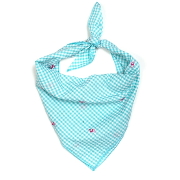 The Worthy Dog Gingham Embroidered Flamingos Classic Square Tie-On Bandana