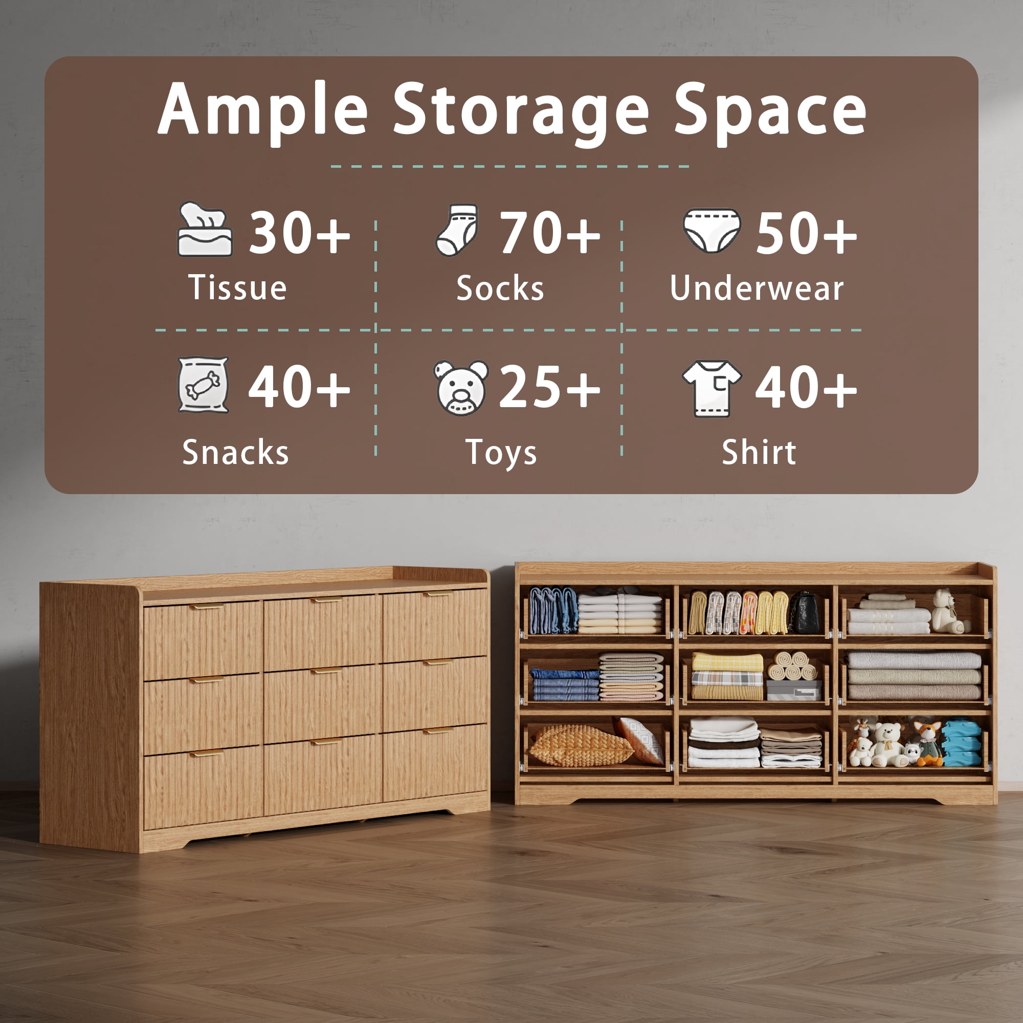 Tydimor Dressers for Bedroom 9 Drawers, Wide Chest of Drawers Storage Organizer, Wooden Cabinet with Anti-Tip Safety for Living Room, Hallway