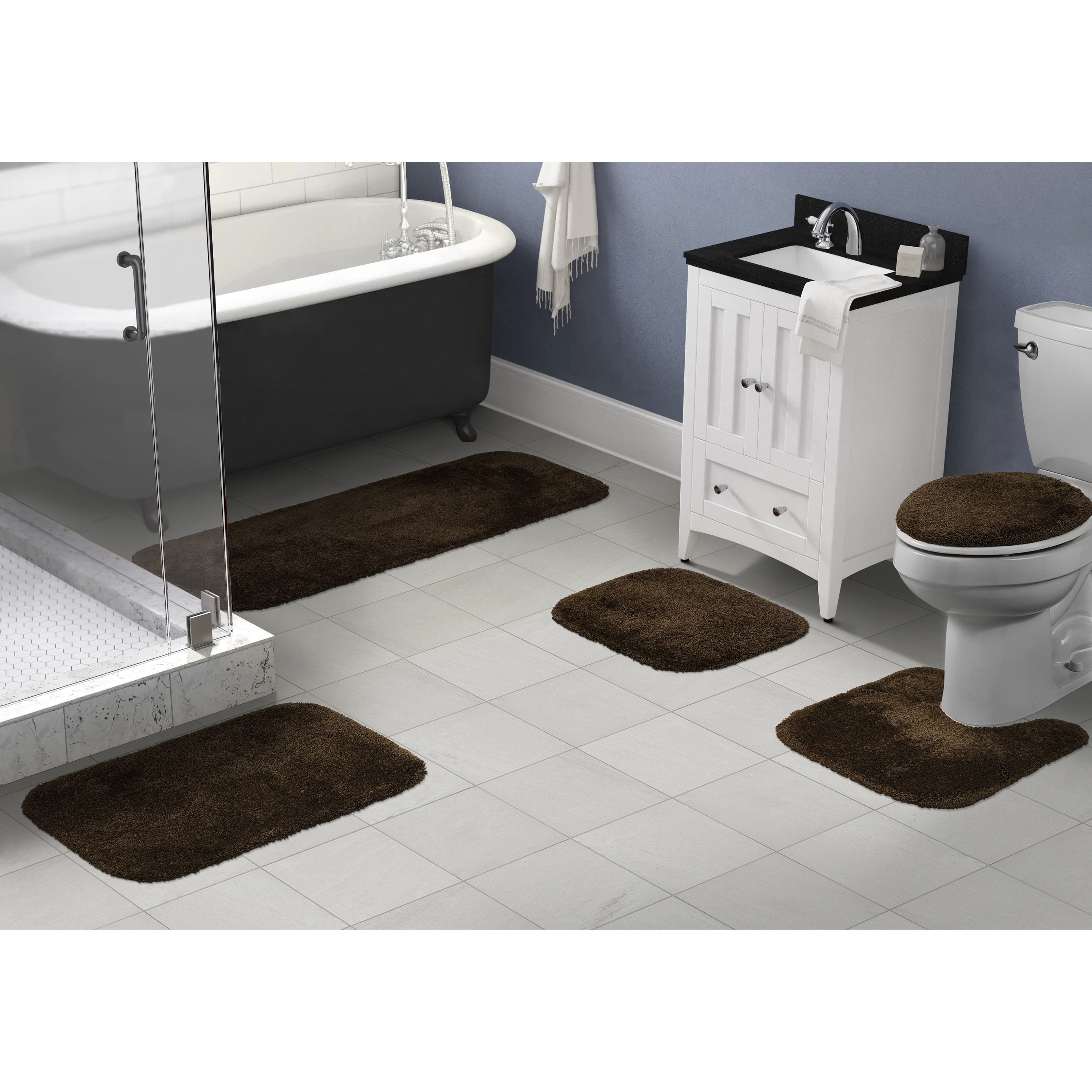 Garland Rug Finest Luxury Washable Bath Set, 5 Piece Set (2 Bath Rugs, Contour, Lid, & Runner) Chocolate