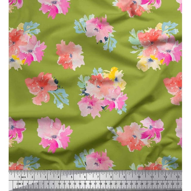 Soimoi Silk Fabric Flower Watercolor Print Fabric by the Yard 42 Inch Wide