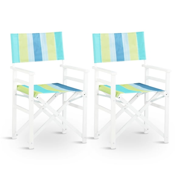 Folding Camping Chair Set of 2, Sturdy Wooden Frame Director's Chair, Durable Portable Seating for Outdoor Patio Indoor Use, Lightweight Support for Lawn Garden Beach, Green and Blue Striped, White