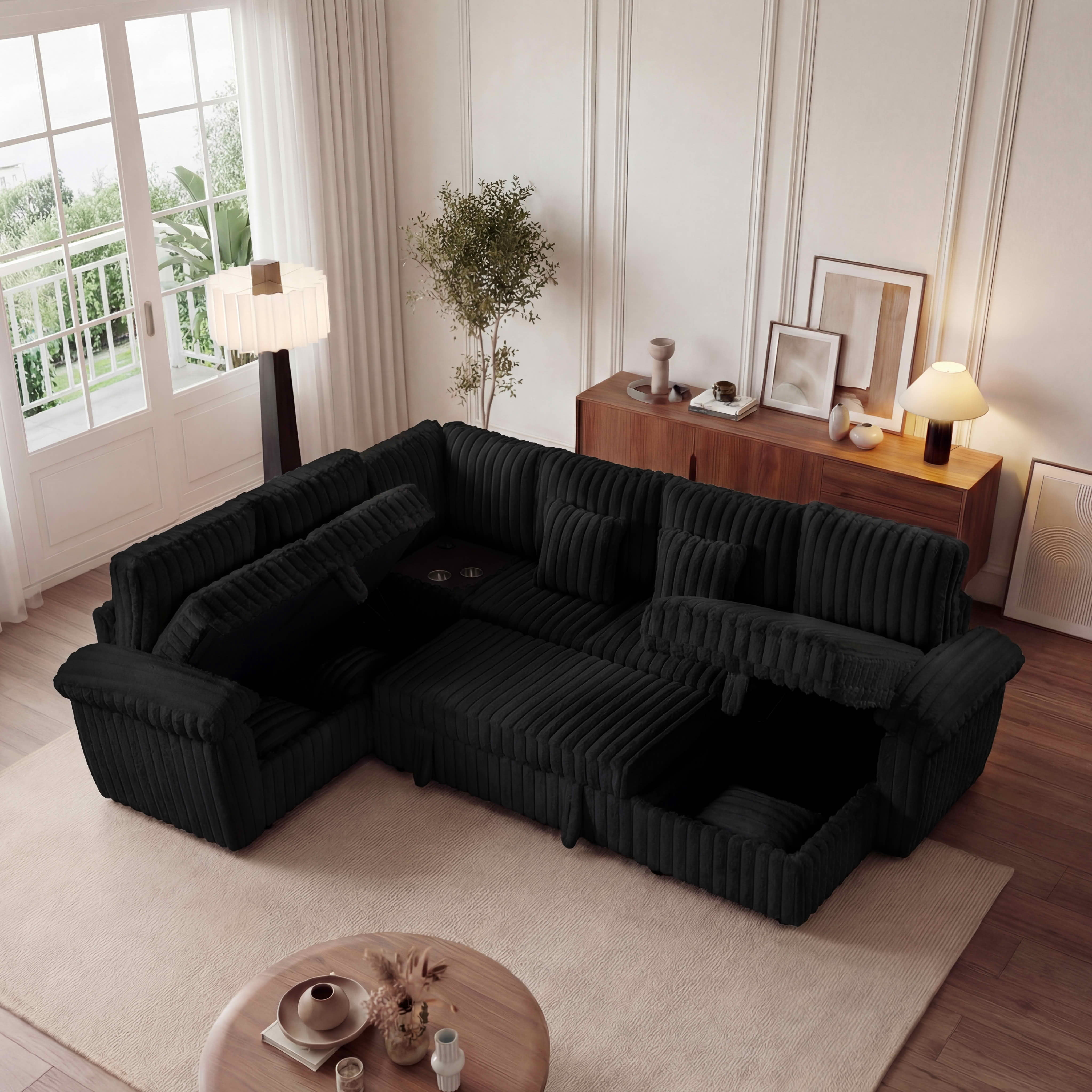 MAYEERTY 103-Inch Black Corduroy U-Shape 7-Seat Pull-Out Sofa Bed, Super Soft Modular Sectional with Storage, USB Ports & Built-In Coffee Table for Living Room