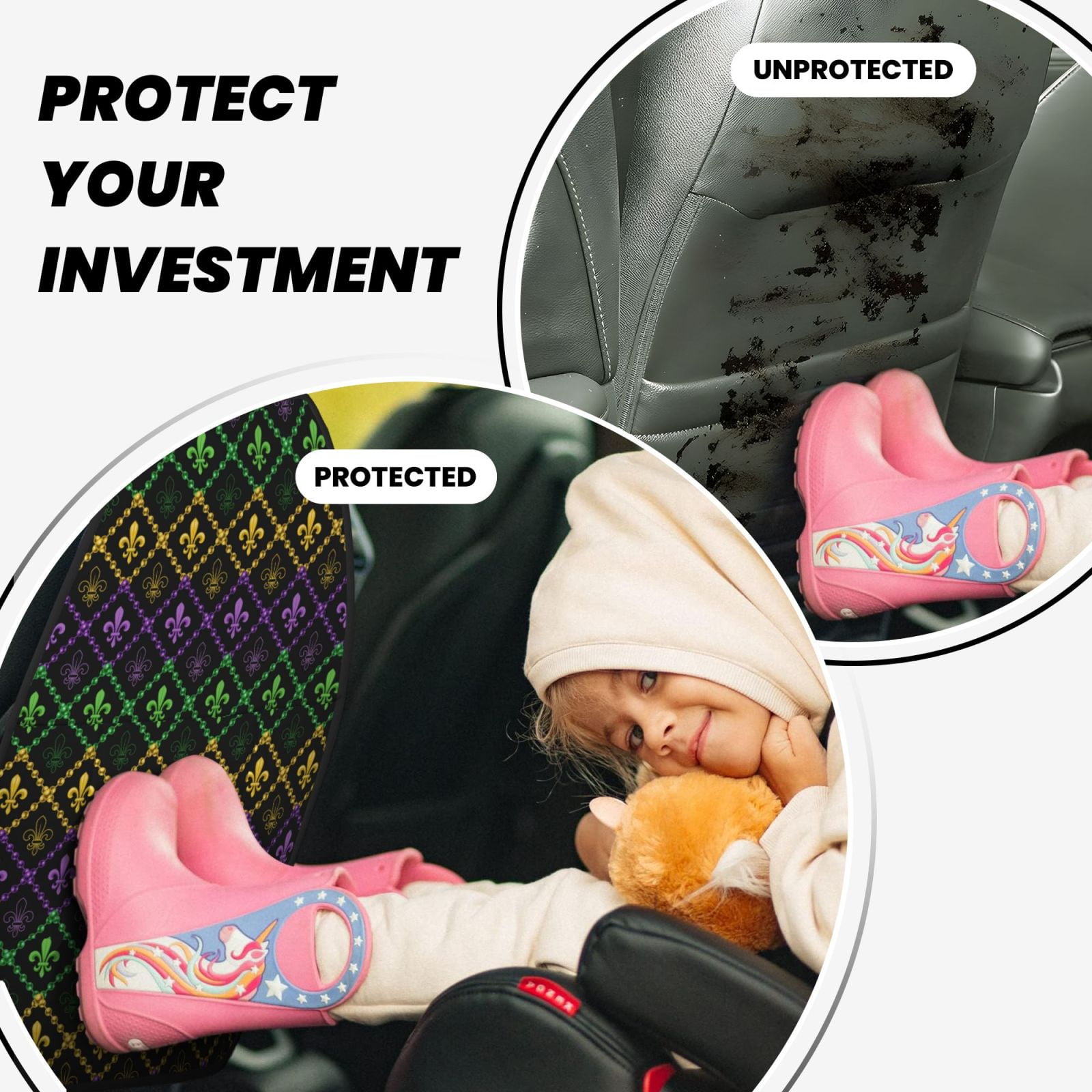 Xecao Mardi Gra Geometric Pattern Car Seat Back Protector 2 Pack Large Capacity Pocket, Kick Mats Back Seat Protector