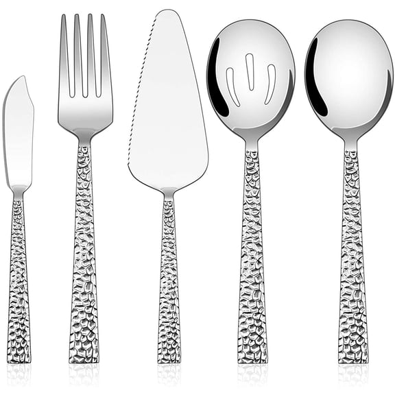 Hammered Serving Utensils, 5-Piece Stainless Steel Square Hostess Serving Set for Buffet Party Kitchen Restaurant, Mirror Finished & Dishwasher Safe