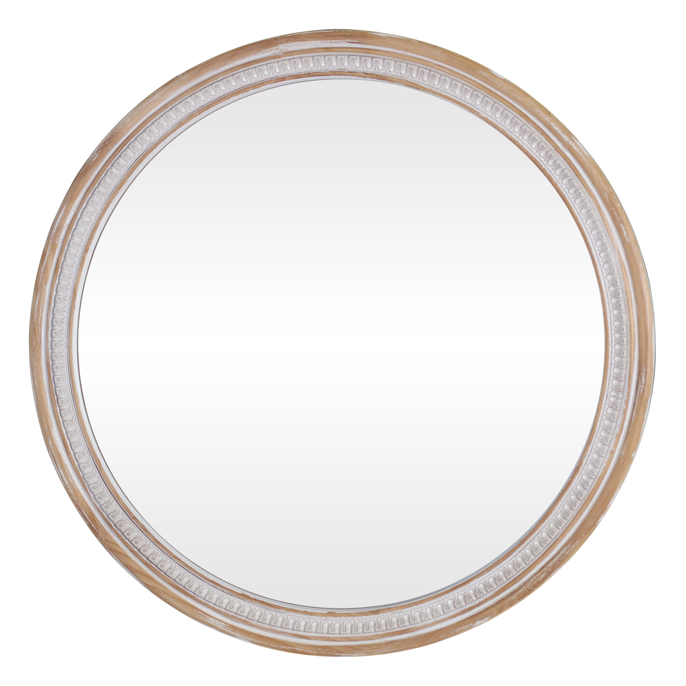 Noble House 30" Round Solid Wood Farmhouse Wall Mirror, Rustic Boho Decorative Mirror for Bathroom, Antique White
