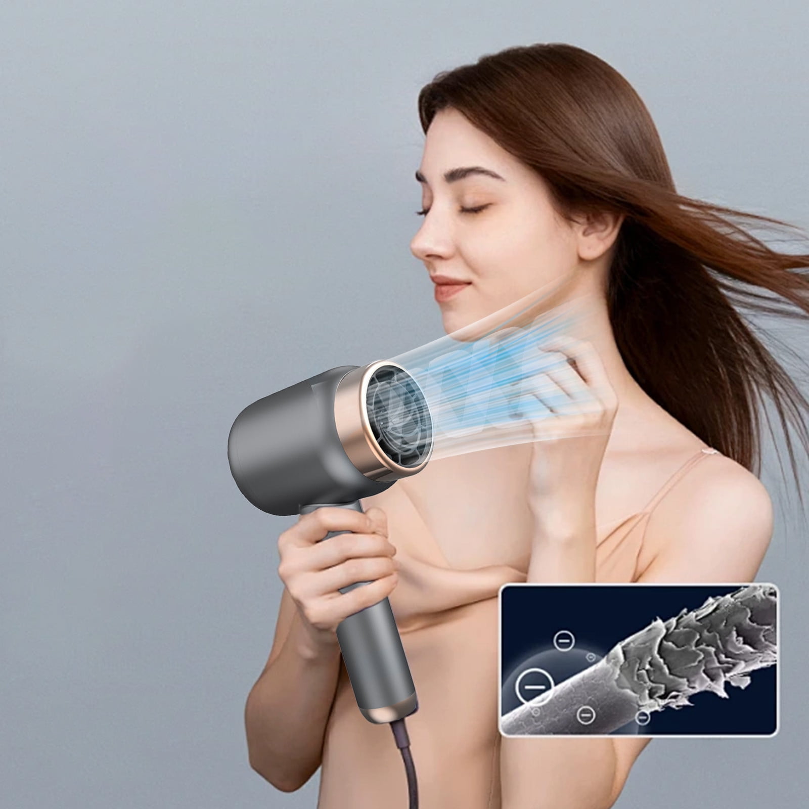 Cordless Hair Dryer - USB Rechargeable, 2-in-1 Portable Blow Dryer with 3 Speeds, Cold/Hot Air for Travel, Camping, Dorm, Fast Drying with Negative Ion Technology, Blue Light Care(Gray)