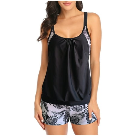 DTBPRQ Tankini Swimsuits for Women Plus Size Two Piece Bathing Suits Floral Print Tank Top with Boyshorts Tummy Control Swimming Suits