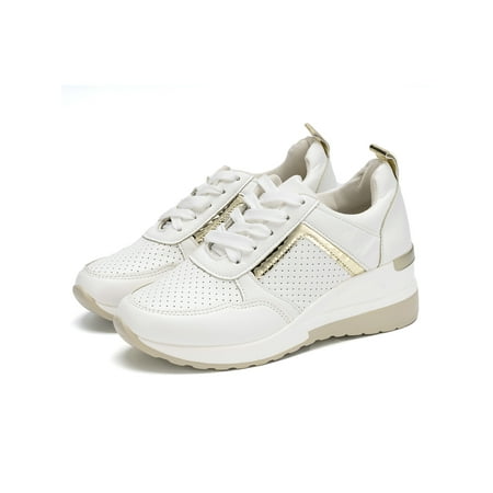 

Glookwis Lady s Trainers Round Toe Sneakers Low Top Walking Shoes Women s Lightweight Comfortable Athletic Shoe Casual Lace Up Wedge White 9