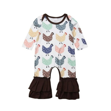Apple Bottoms Romper Newborn Baby Girl Flower Ruffle Long Sleeve Romper Jumpsuit Bell Bottom Outfit Clothes 0-24M ()