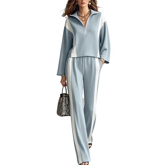 Women's 2 Piece Tracksuit Set Half Zip Collared Top Contrast Stripe Elastic Waist Wide Leg Pants Loose Fit Relaxed Comfortable Casual Outfit for Fall Winter Everyday Wear Sky Blue_#1 XXL