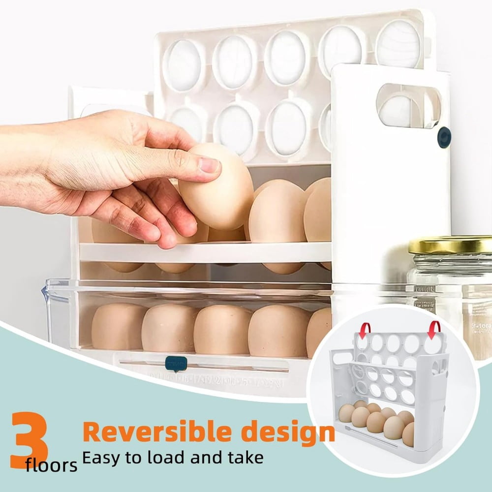 Egg Holder for Refrigerator, 30 Grid Egg Tray for Refrigerator 3 Layer Organizer Bins Reusable Egg Container for Refrigerator Side Door Plastic Egg Carton