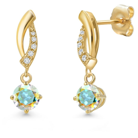 Gem Stone King 14K Yellow Gold Mercury Mist Mystic Topaz and Lab Grown Diamond Earrings for Women | 1.15 Cttw | Gemstone November Birthstone | Round 5MM