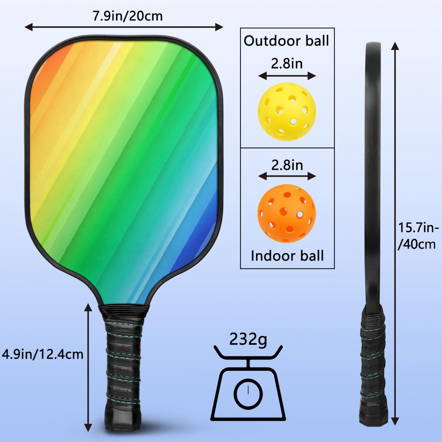 Pickleball Paddles Set Of 1, Fiberglass Surface, Vibrant Rainbow Print, 1 Paddle, 2 Balls & Bag