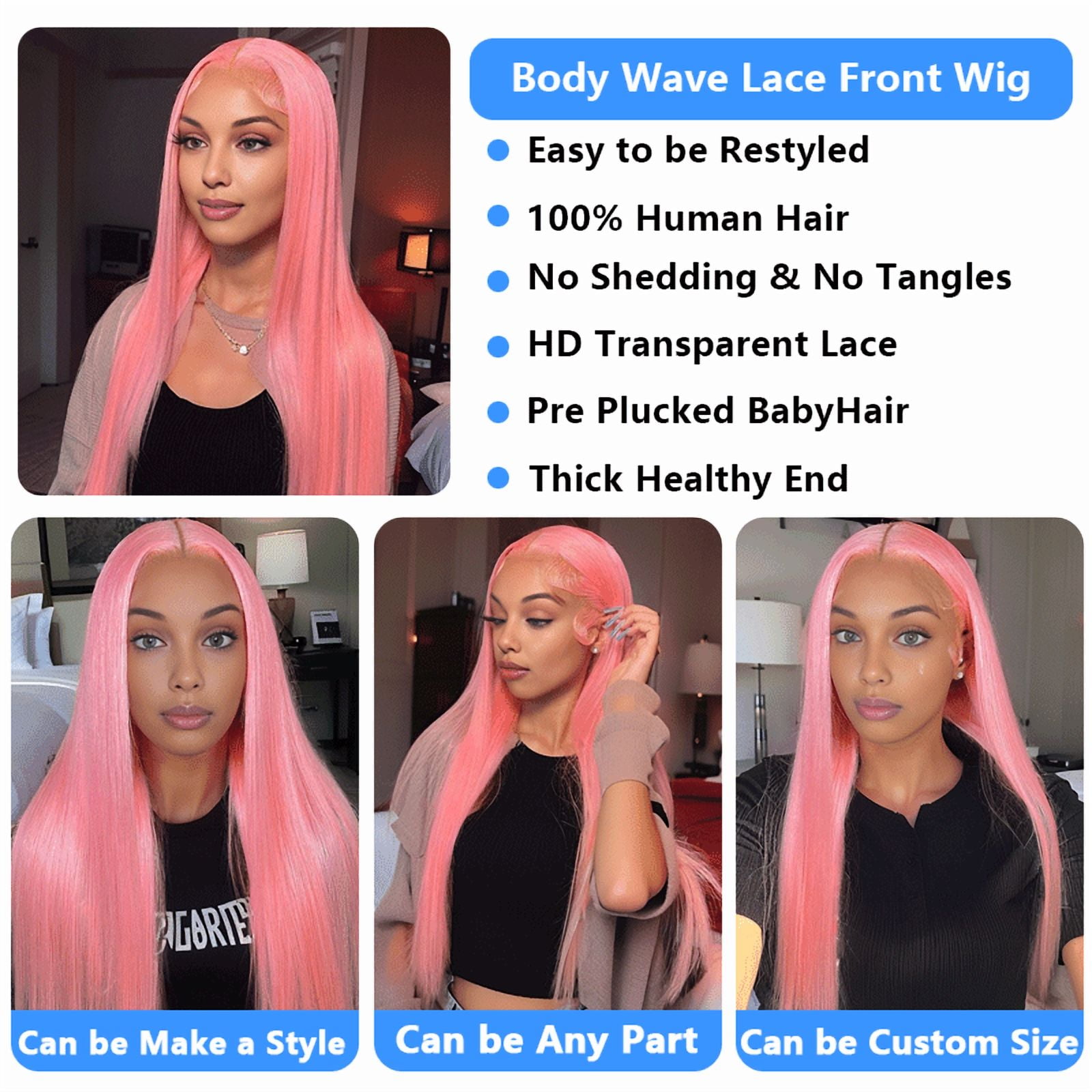 Rose Pink Colored 13x4 Lace Front Wig Straight Brazilian Remy Human Hair Wigs Preplucked Natural Hairline High Density Elegant Hairstyle For Women Daily&Birthday&Wedding Use Wig 180 Density 22 Inch