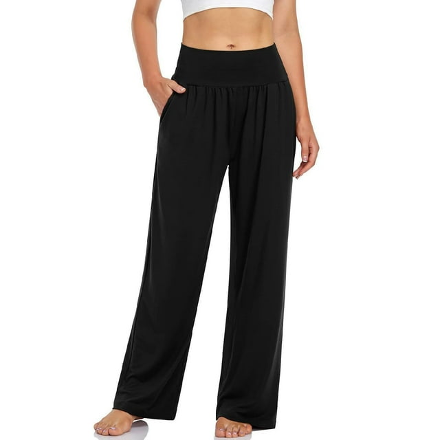Pantalones de chándal de cintura alta y pierna ancha para mujer: pantalones palazzo de yoga con bolsillos, tejido elástico, para todas las ocasiones, tallas S-XXL