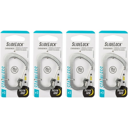 Nite Ize SlideLock Carabiner Stainless Steel - Key Holder Carabiner for Daily Use - Secure Keychain Organizer with Lock - Lockable Carabiner Fits Multiple Keys - Size 3, Stainless Steel (4 Pack)
